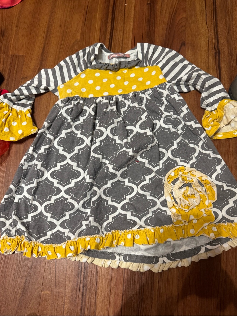 Jelly The Pug Gray & Yellow Patterned Ruffle Dress
